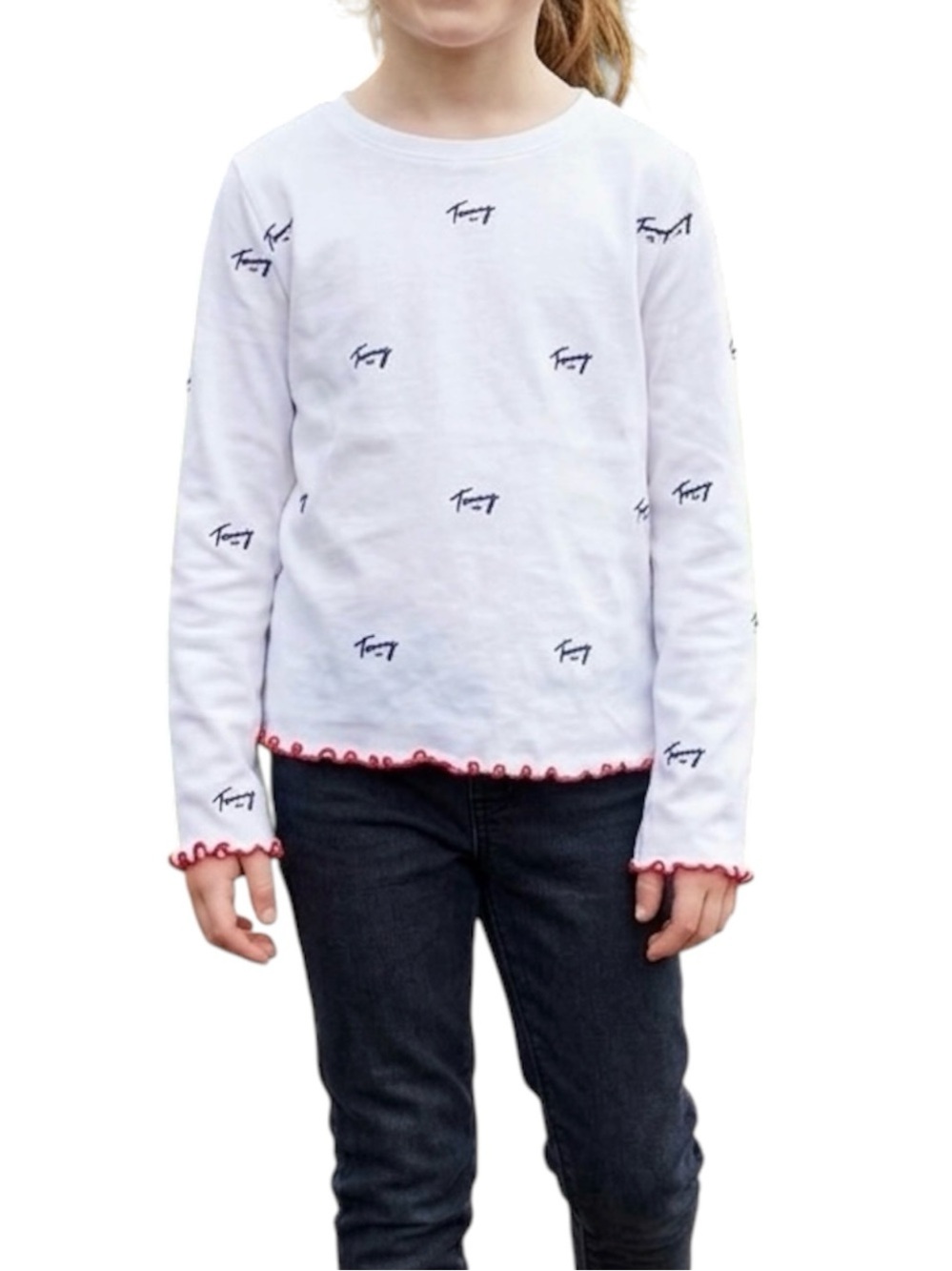 Tommy Hilfiger White Logo Shirt Red Ruffle Ric Rac Trim M 8 10 Long Sleeve